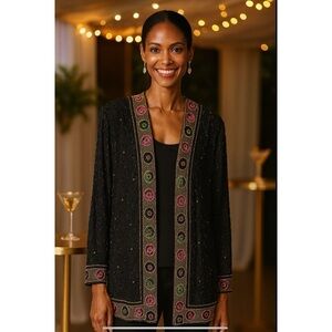 TAN CHHO EVENING JACKET XL BEADED OPEN FRONT ELEGANT VINTAGE SILK COCKTAIL